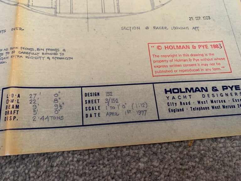 Holman & Pye Yacht Designers Plan 152-UFO 27 Cruiser & Racer Vintage Boat Blueprints 