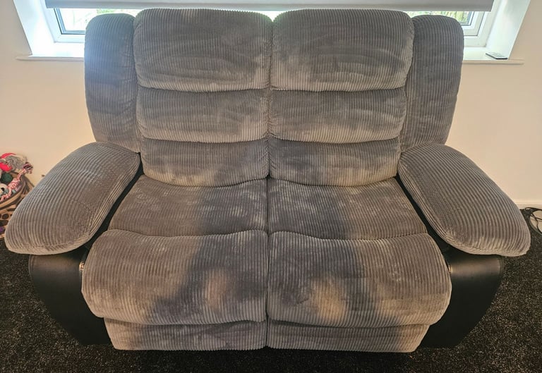 image for Grey 2 seater cord recliner sofa with leather detail