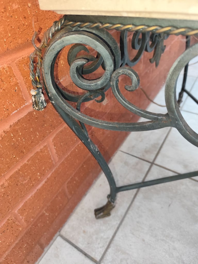 VINTAGE FRENCH MARBLE WROUGHT IRON SIDE TABLE C 1920S HEAVY SOLID