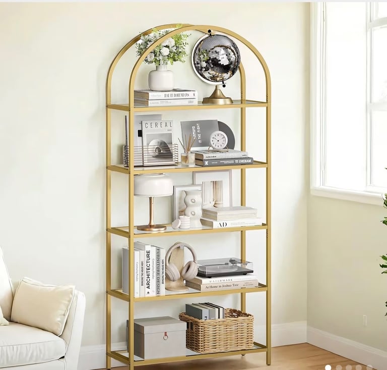image for 5-Tier Storage Rack, Glass Display Shelf, Bookcase with Steel Frame and Arch Design