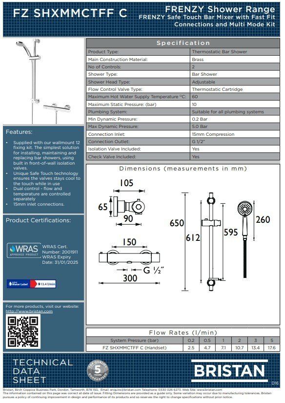 New Bristan Frenzy Bar Mixer Shower Head Thermostatic Chrome Exposed Cool Touch Bar Kit Set Taps