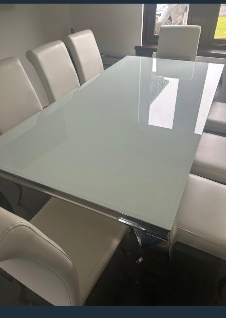 8 Seater White Glass Dining Table 