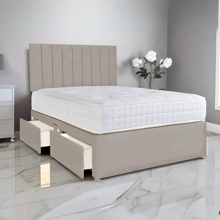 image for Elegant & Modern DIVAN 4FT6 Double Bed Base With Storage Drawers + Mattress >> Limited 20% Off >>