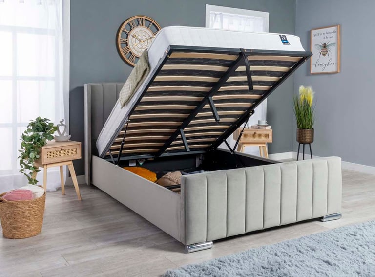 NEW OTTOMAN PANEL WING PLUSH VELVET UPHOLSTERED BED FRAME DOUBLE & KING SIZE