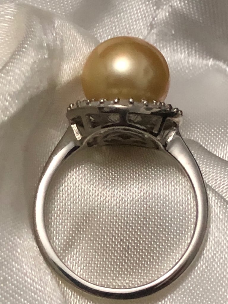 Golden South Sea Pearl Diamond ring Size N silver 925 platinum overlay New