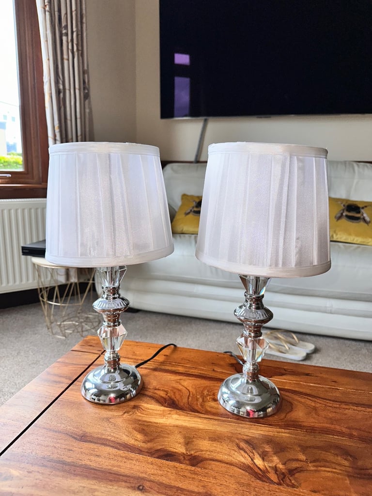 Pair of Silver Chrome and Crystal Bedside or Occasional Table Lamps