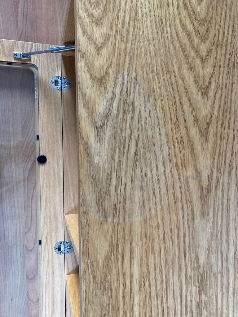 Pine TV stand with shelves, storage and glass fronted door