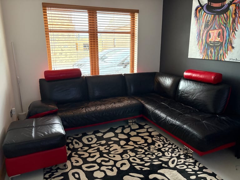 image for Black and red leather corner sofa
