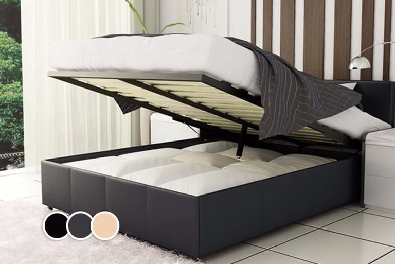 LIFT UP BED FAUX LEATHER DOUBLE 4FT6 BED FRAME / MATTRESSES in