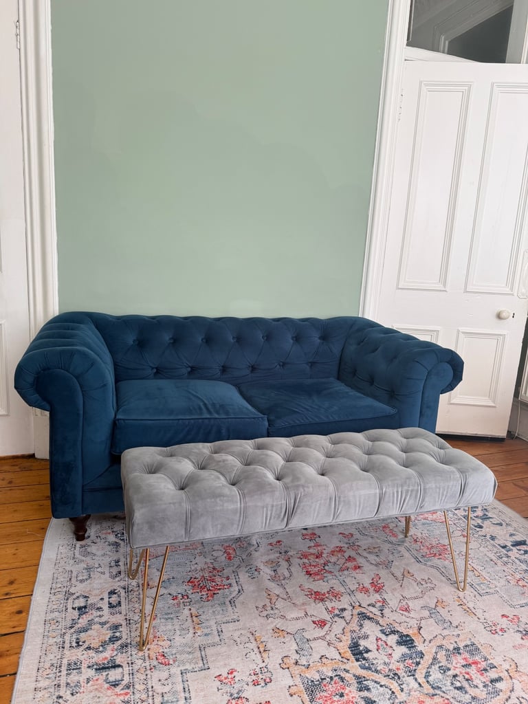 image for Chesterfield Velvet 2-Seater Sofa in Midnight Blue + Grey Footstool