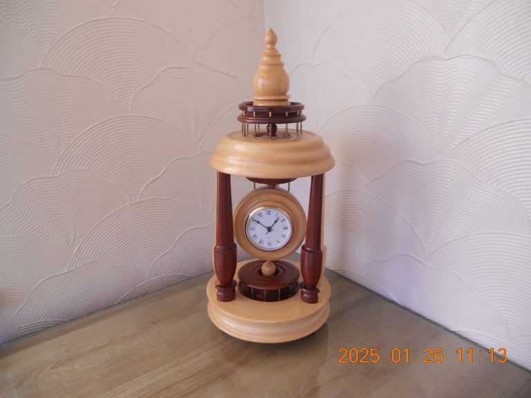 image for CLOCK HANDMADE WOOD TURNED BANDSTAND CLOCK. VINTAGE UNIQUE.