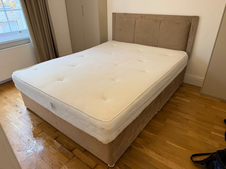 image for FREE DELIVERY LIGHT BROWN VELVET DIVAN KINGSIZE BED & MATTRESS GREAT CONDITION