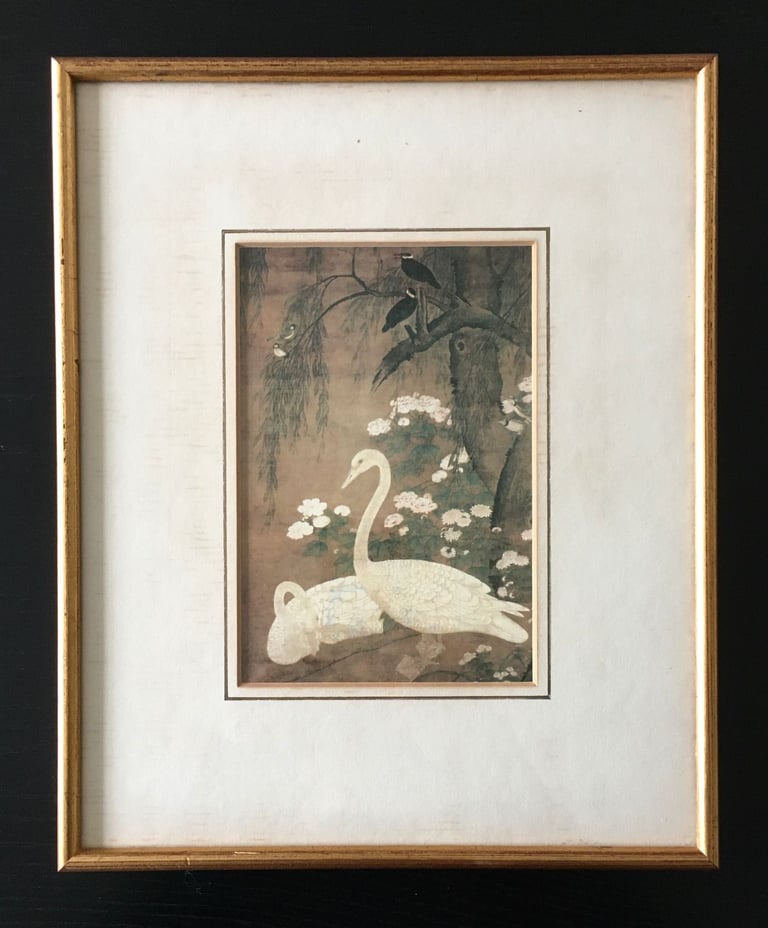 image for White Swans, Flowers and Birds in a Autumn Setting : Vintage Framed Print
