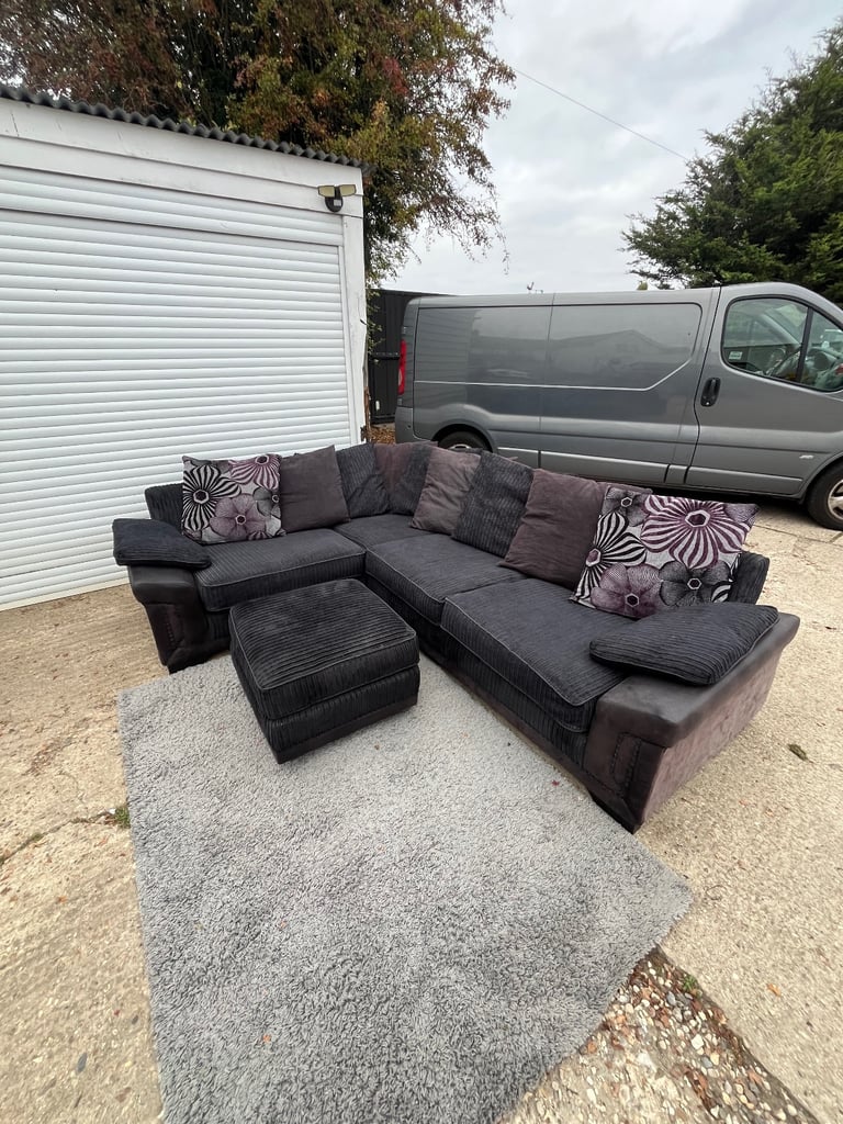DELIVERY AVAILABLE - Large Black Cord Corner Sofa with Footstool 