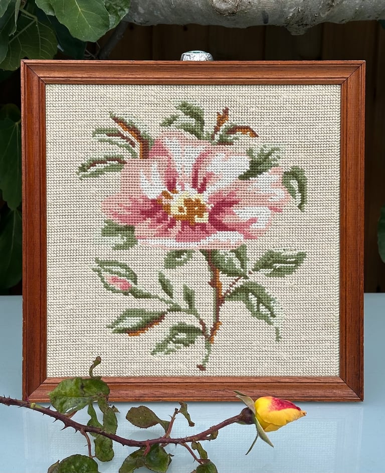 image for VINTAGE FRENCH TAPESTRY ROSE, NEEDLEPOINT, EMBROIDERY FRAMED SAMPLER, 31.5x31.5cm, 1940s, WILL POST!
