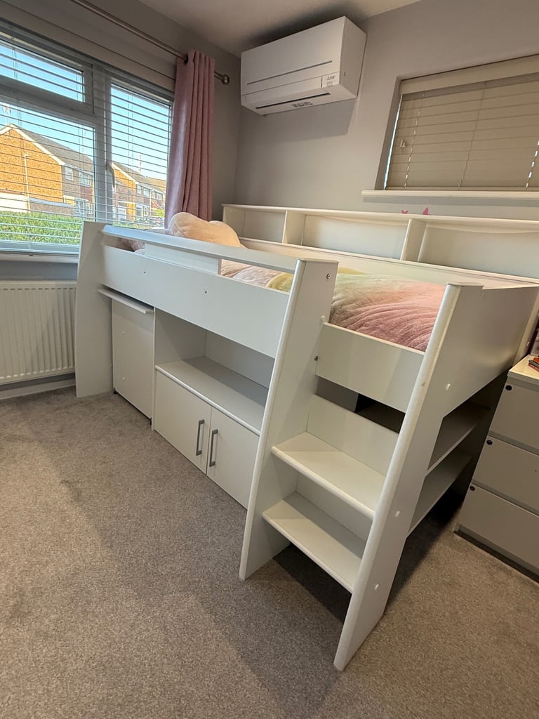 GLTC White kids mid height cabin bed and mattress 