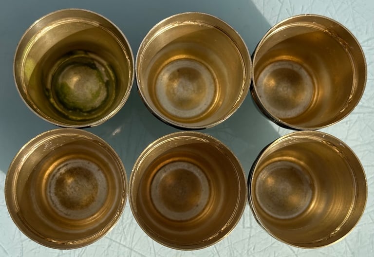 ANTIQUE FRENCH HUNTING SHOT CUP SET OF SIX STIRRUP CUPS & TRAY - 1900s - WILL POST!