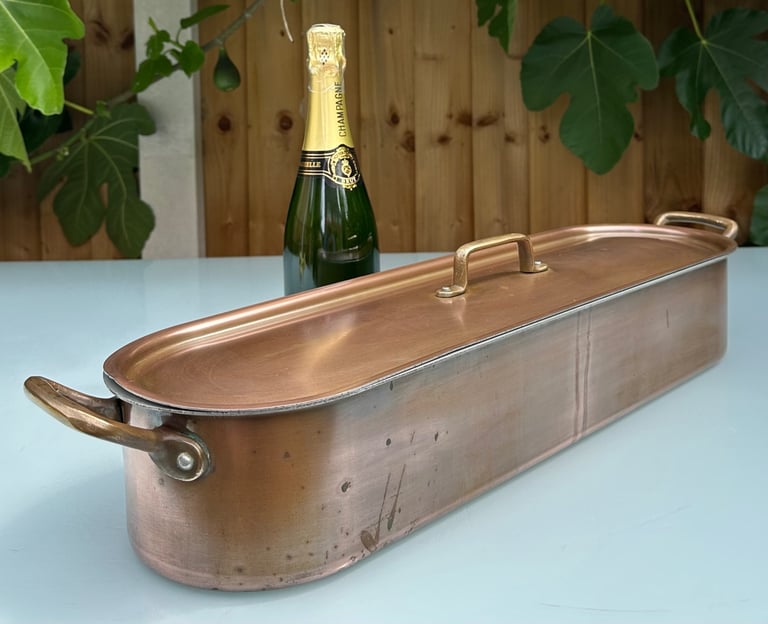 LARGE VINTAGE FRENCH COPPER FISH KETTLE, POISSONIERE, POACHER, L70cm - TOURNUS FRANCE - WILL POST!