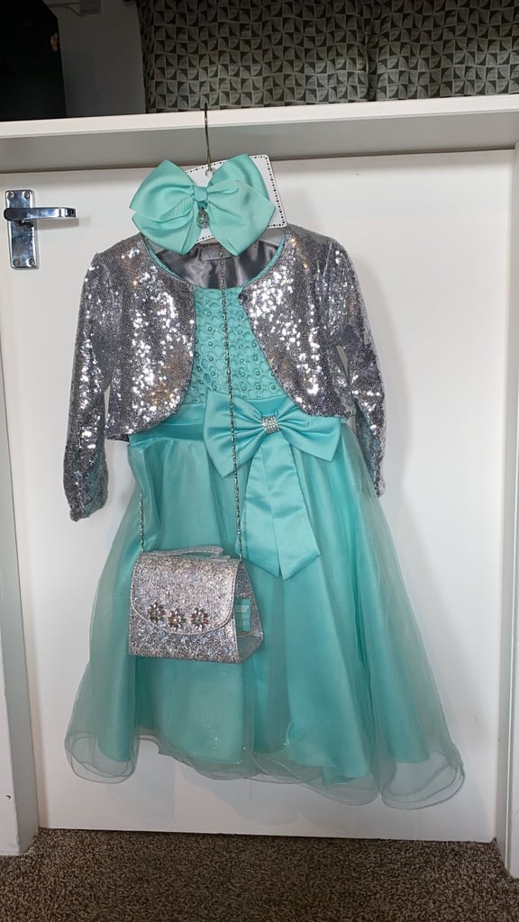 AGED 5-6 DRESS WITH SEQUIN CARDIGAN. ALSO MONSOON BAG AND BIG BOW