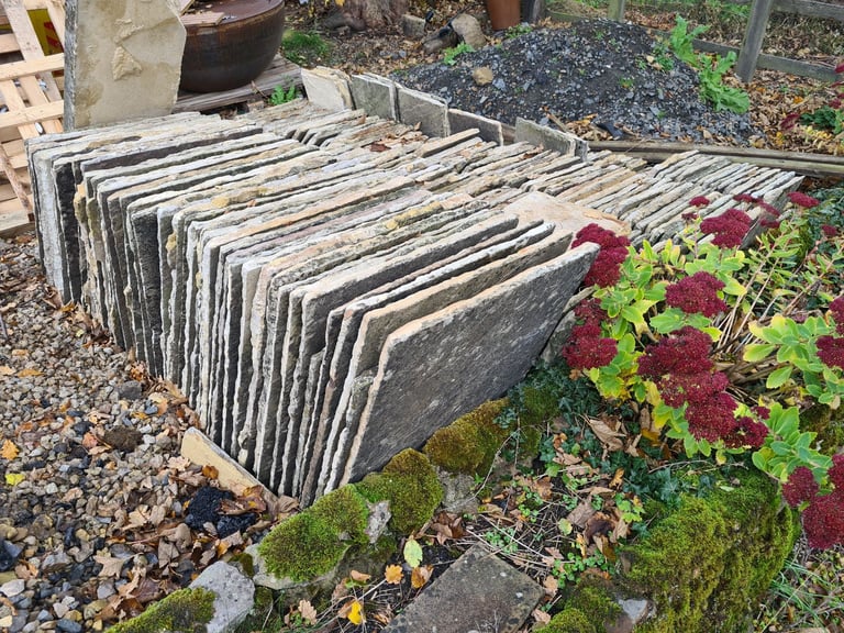 Reclaimed weathered yorkstone paving