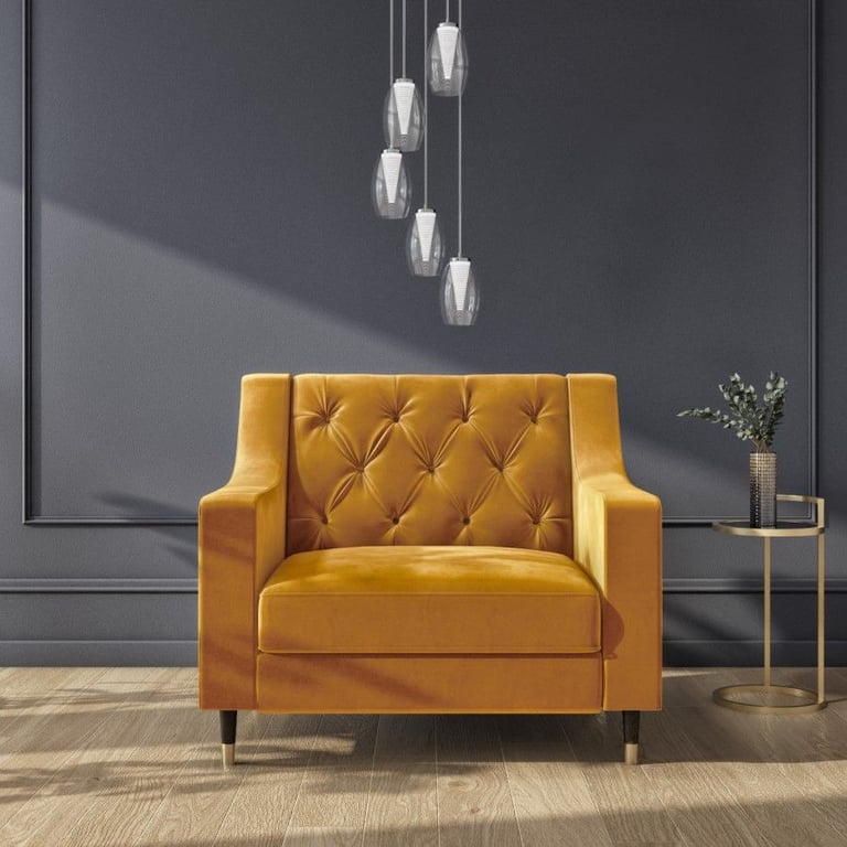 Buttoned Velvet Armchair & Footstool in Mustard - Cole