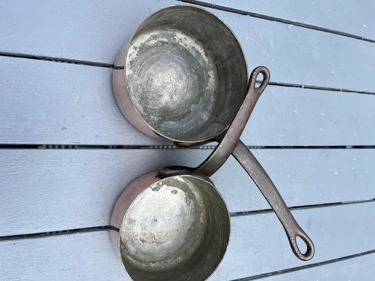 Vintage Copper Sauce Pans and measuring cups 