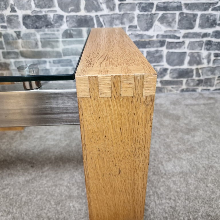 Modern Oak & Glass Side Table with Brushed Steel Detail