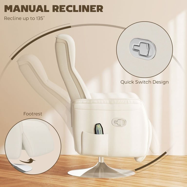 Portland Cream and White Massage Reclining Chair with Adjustable Backrest