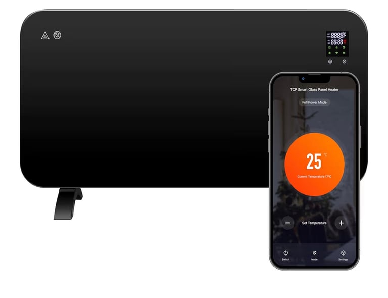 TCP Smart Glass Panel Heater 2000w Black with App, WiFi, 2 Heat Modes, Voice Control works 