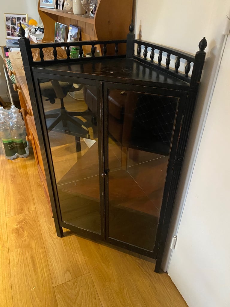 image for Vintage Black Wooden Corner Cabinet with Glass Doors