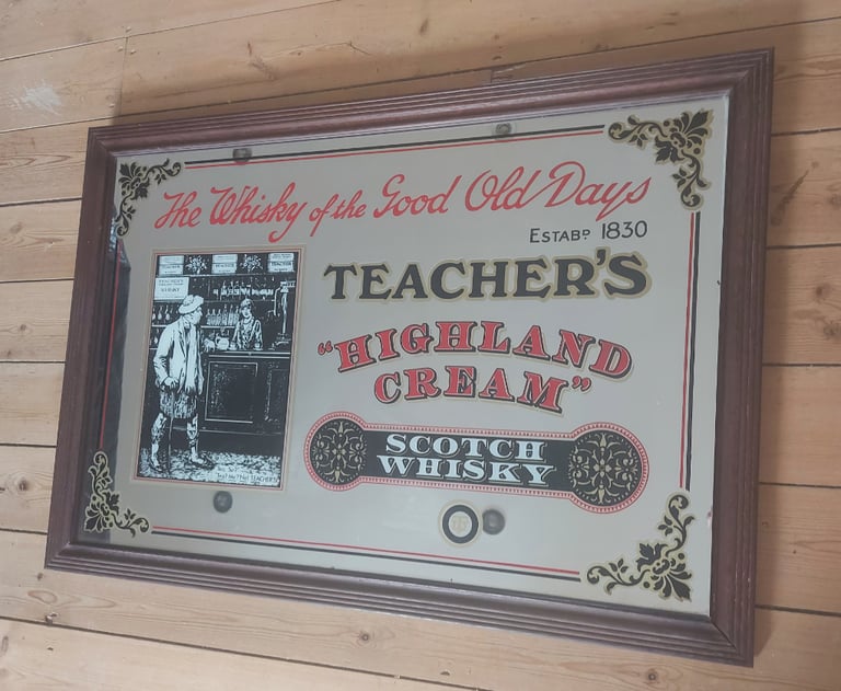 ANTIQUE RARE LARGE ANTIQUE PUB MIRROR TEACHERS SCOTCH WHISKY HIGHLAND CREAM