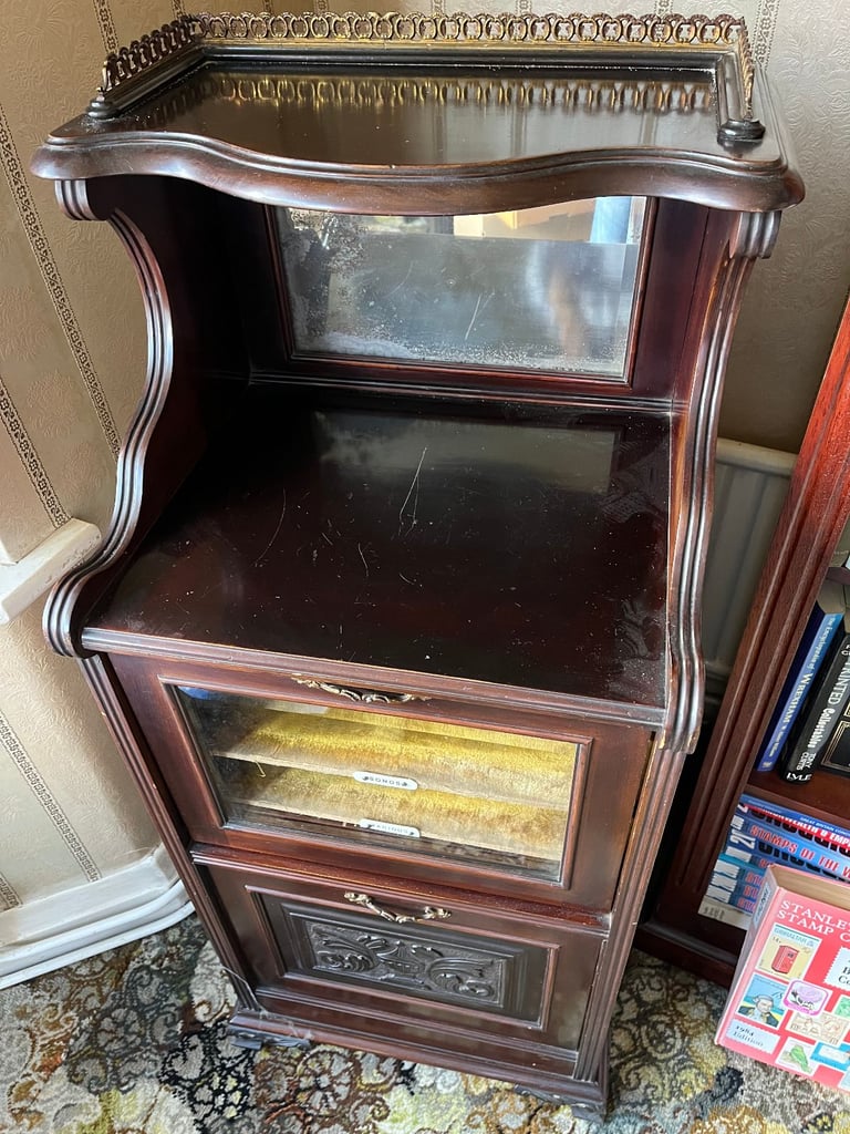 Antique Edwardian Carved Mahogany Sheet Music Cabinet with Velvet Lined Shelves