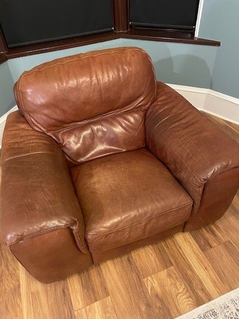 image for Brown Leather, 3 Piece Sofa and Foot/Storage Stool 