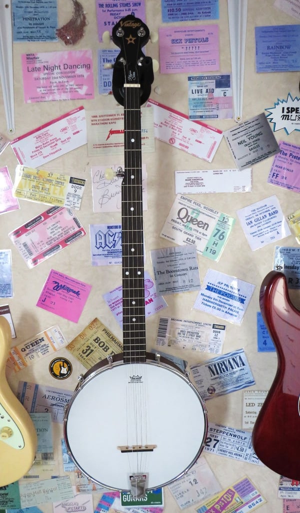 Vintage Pilgrin 5 string banjo, as new, swap for acoustic guitar