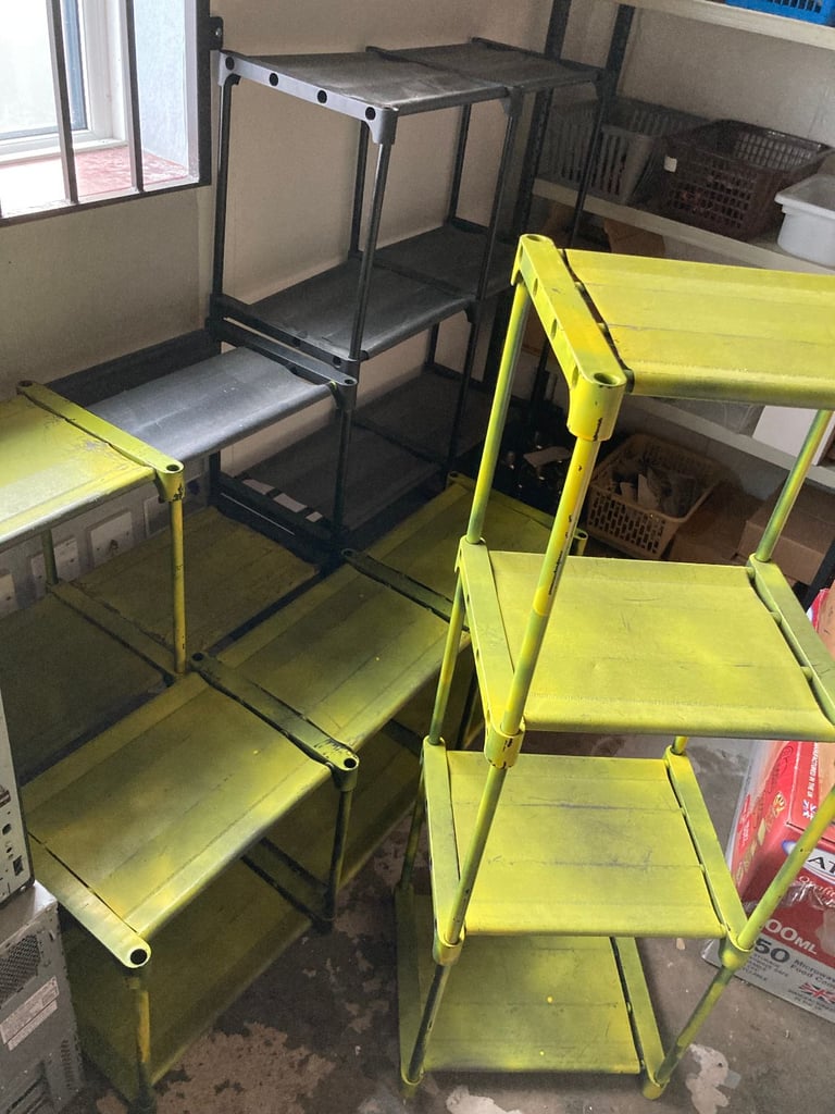 FOUR PLASTIC/MATERIAL DISPLAY STANDS GREEN/BLACK FOR SHOP RETAIL DISPLAY