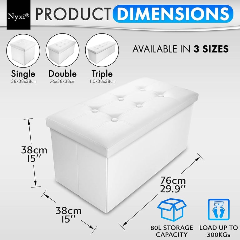 Nyxi Foldable Ottoman Storage Box, 76x38x38cm, 80L Capacity, Faux Leather, Multi-Purpose Seat