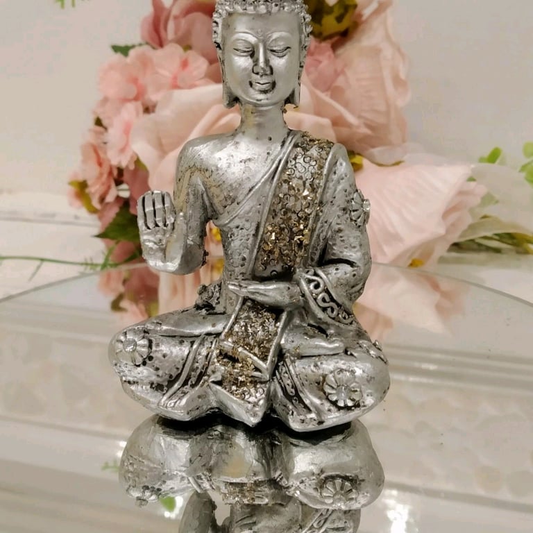 Set of 3 Silver Sitting Diamante Encrusted Buddha's. Handmade finish