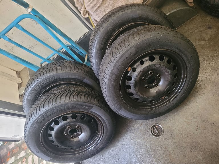 4x ford 5x 108 pcd steel wheels with 4 good matching michellin cross climate all season tyres