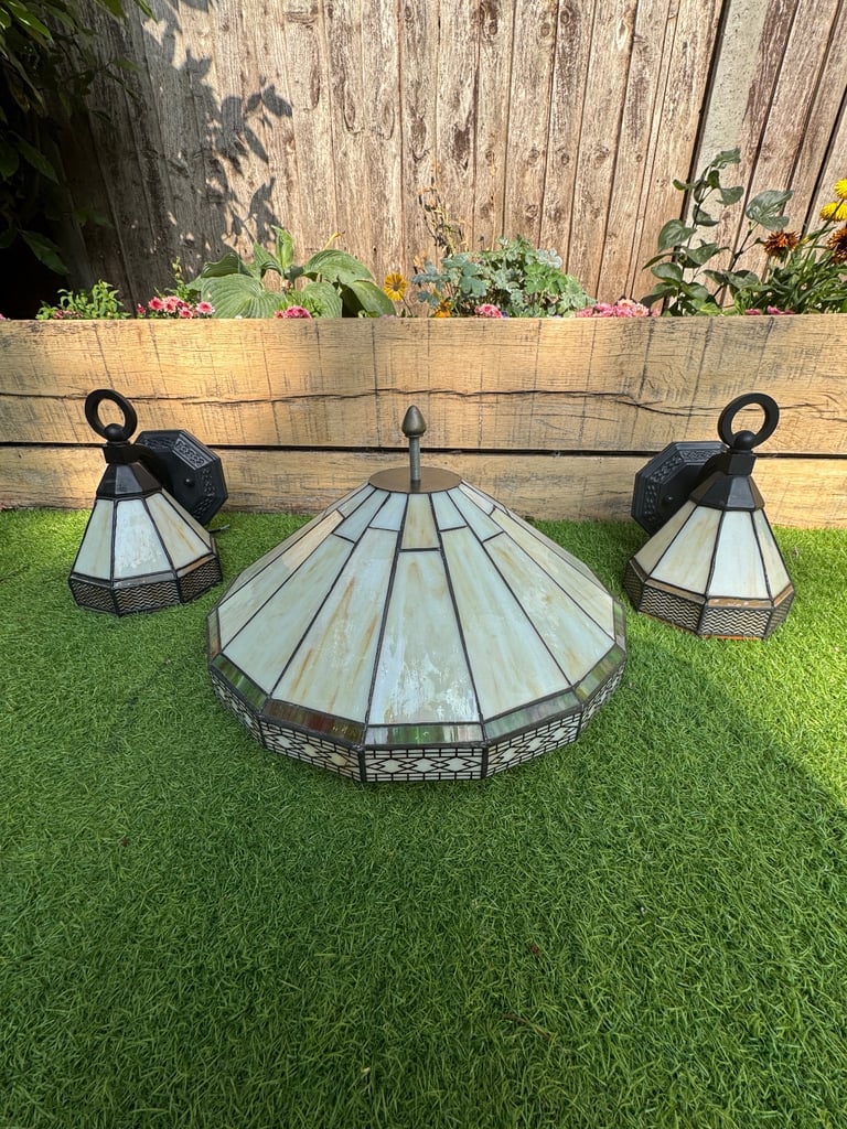 image for Tiffany style semi flush ceiling light + 2 wall lights