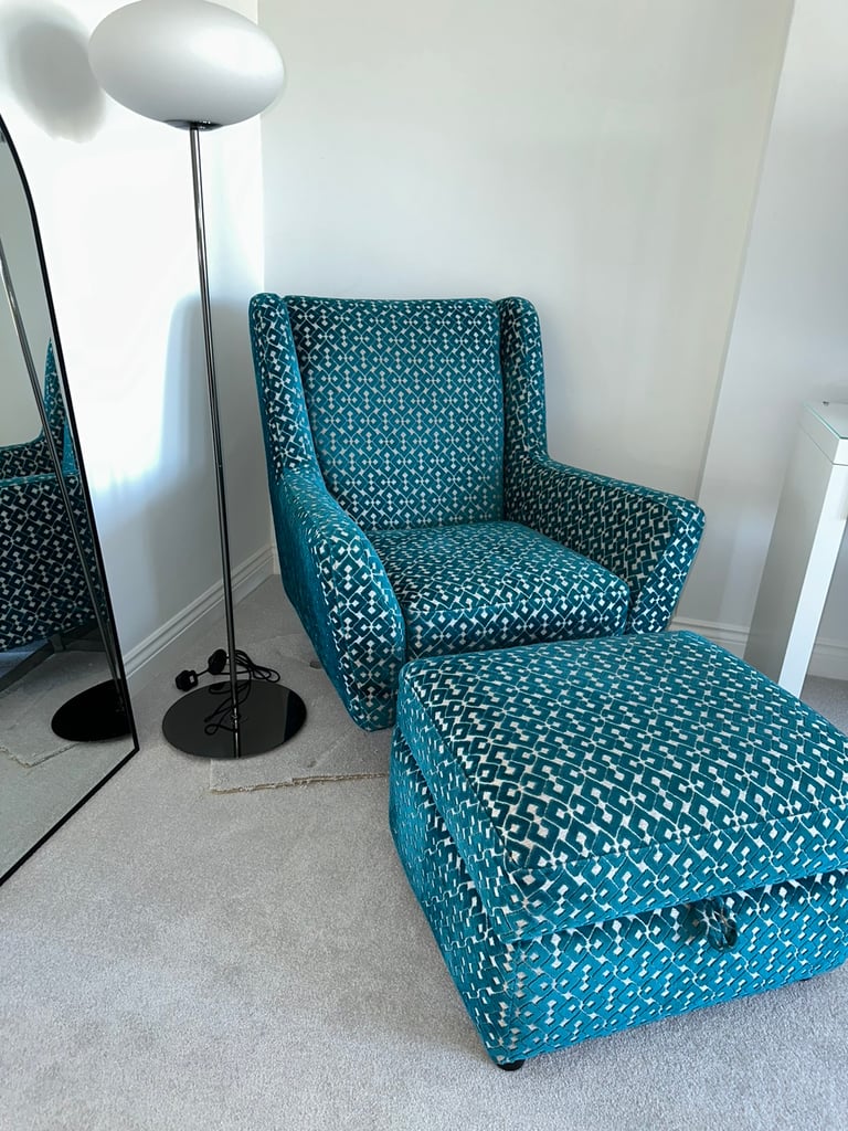 Turquoise and silver armchair with matching poufee and cushions 