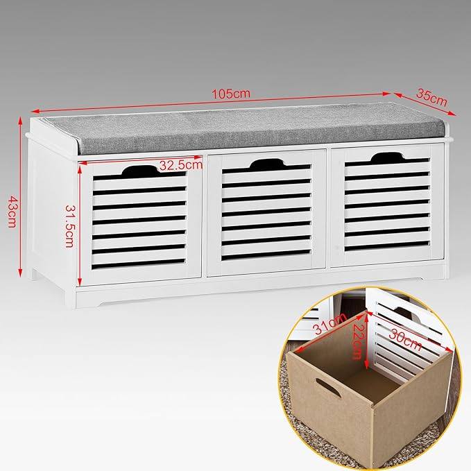 SoBuy Hallway Storage BenchWhite Shoe Bench Shoe Cabinet Seat Cushion 3 Draw