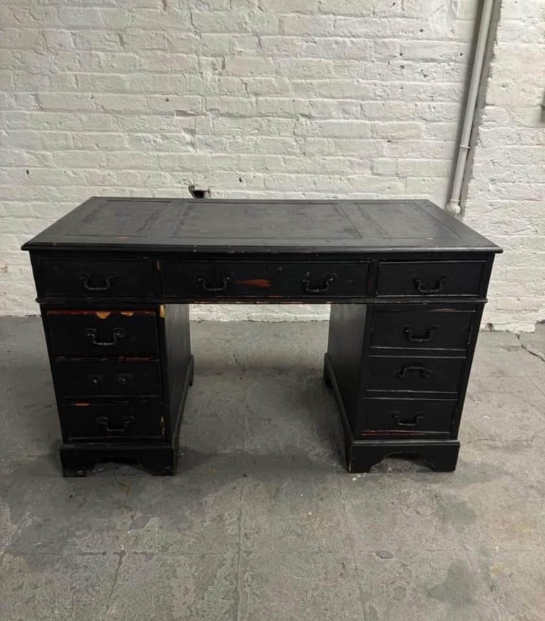 Antique vintage bankers desk brown black industrial drawers