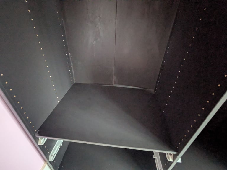 Black Ikea Pax 3 sliding mirror doors triple wardrobe 5 shelfs 3 rails 4 baskets