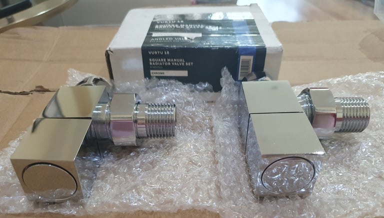 image for VURTU 18 Square Manual Angled Radiator Valve Set Pair Chrome BRAND NEW BNIB