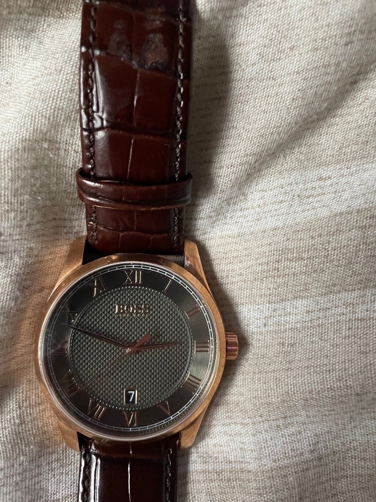 Men’s boss watch brown leather strap rose gold black plated 