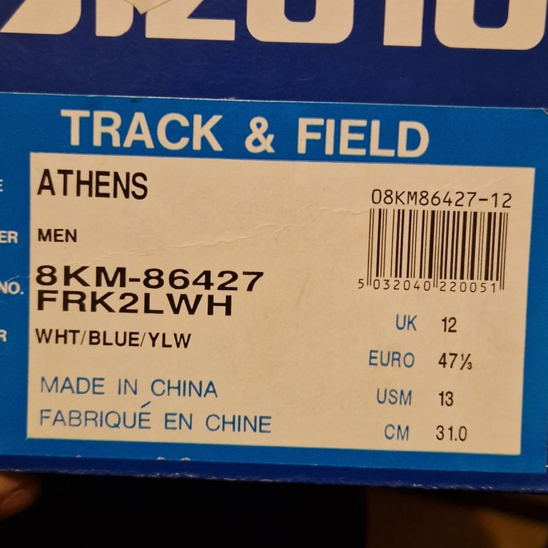 Mizuno Athens Track & Field Spikes – White/Blue/Yellow – Men’s UK 12 – Original Box