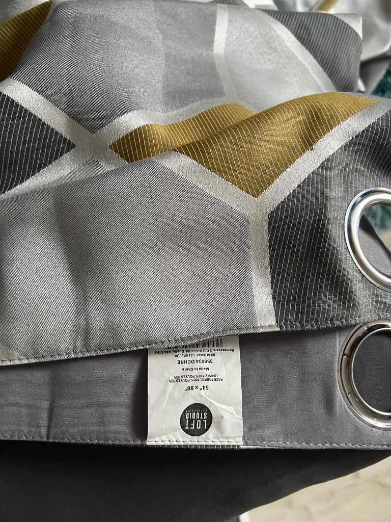 Grey / Silver / Mustard Geometric curtains cushion covers and throws