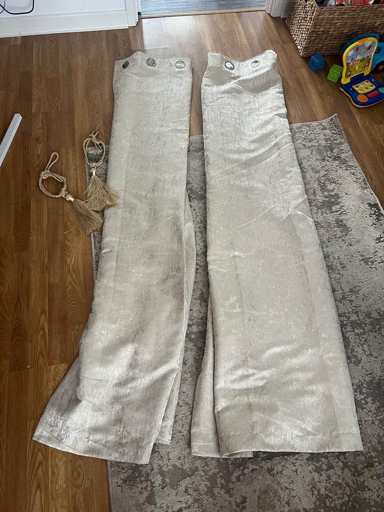 image for Eyelet champagne curtains with gold tie backs