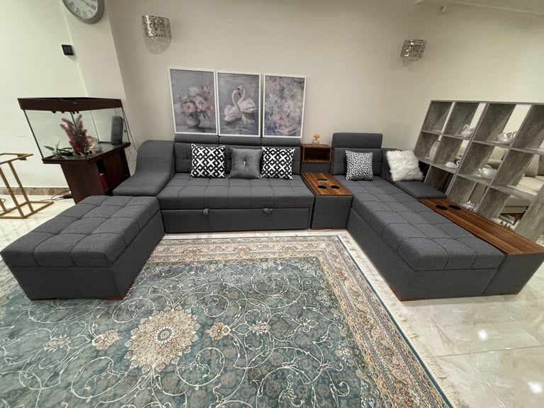Modern Gray Sofa Bed with Storage & Wooden Tables