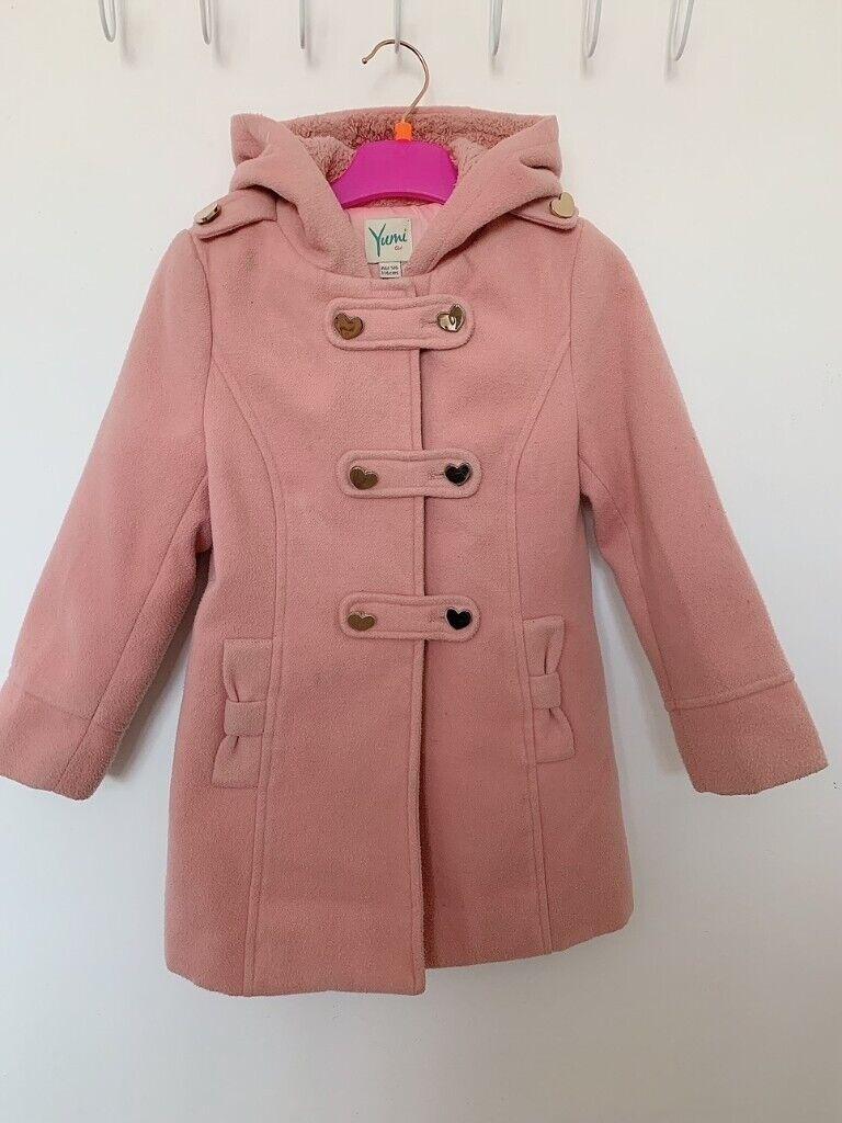 Yumi Girls Coat with Hood, double heart buttons 5-6 yrs. 
